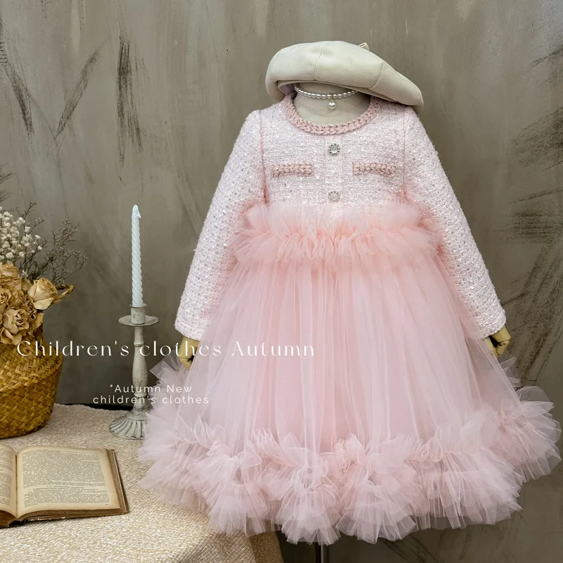 

2025Girls' Spring and Autumn New Korean Style Coarse Wool Slimming Puffy Mesh Dress
