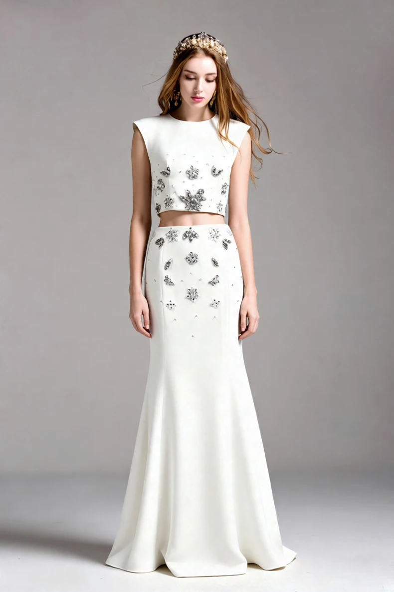 White Crystal Floral Embellished 2 Piece Formal Dress Set - Sleeveless Crop Top & Long Mermaid Skirt Evening Gown Party Prom