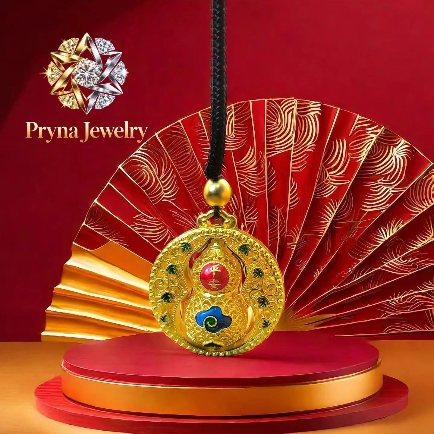 Pryna Jewelry   Light luxury 24K real gold sand gold enamel season to run gourd necklace au9999 lotus pendant national tide firs