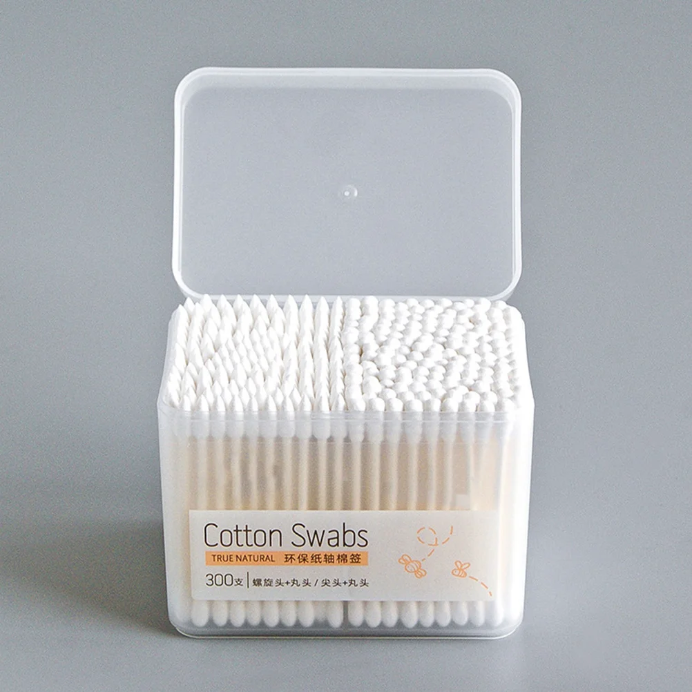 مجموعة مسحات قطنية مكونة من 300 قطعة عصا خشبية طبيعية ناعمة للعناية بالوجه ونظافة الجسم وتنظيف الغبار حجم صغير محمول