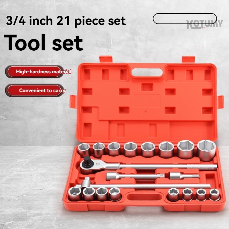 

21 Pieces 3/4" Drive Heavy Duty Socket Kit Hex Double Hex Socket Spanner Combo Automotive Garage Repair Hand Tools