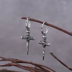 Vintage Black Zircon Cross Skull Earrings For Men Hip Hop Daily Biker Stainless Steel Accessories Fashion Rock Boys Jewelry Gift