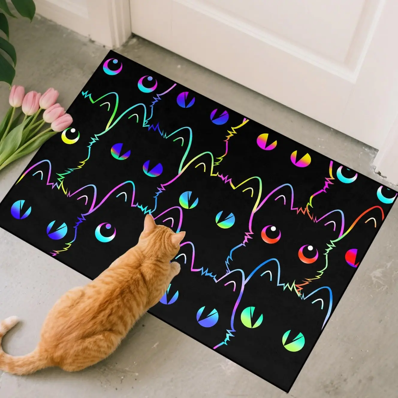 Cartoon Cats Rug for Indoor Entryway Absorbent Small Cats Carpet for Paws Entrance Rug, Washable Front Door Cat Mat with Cute