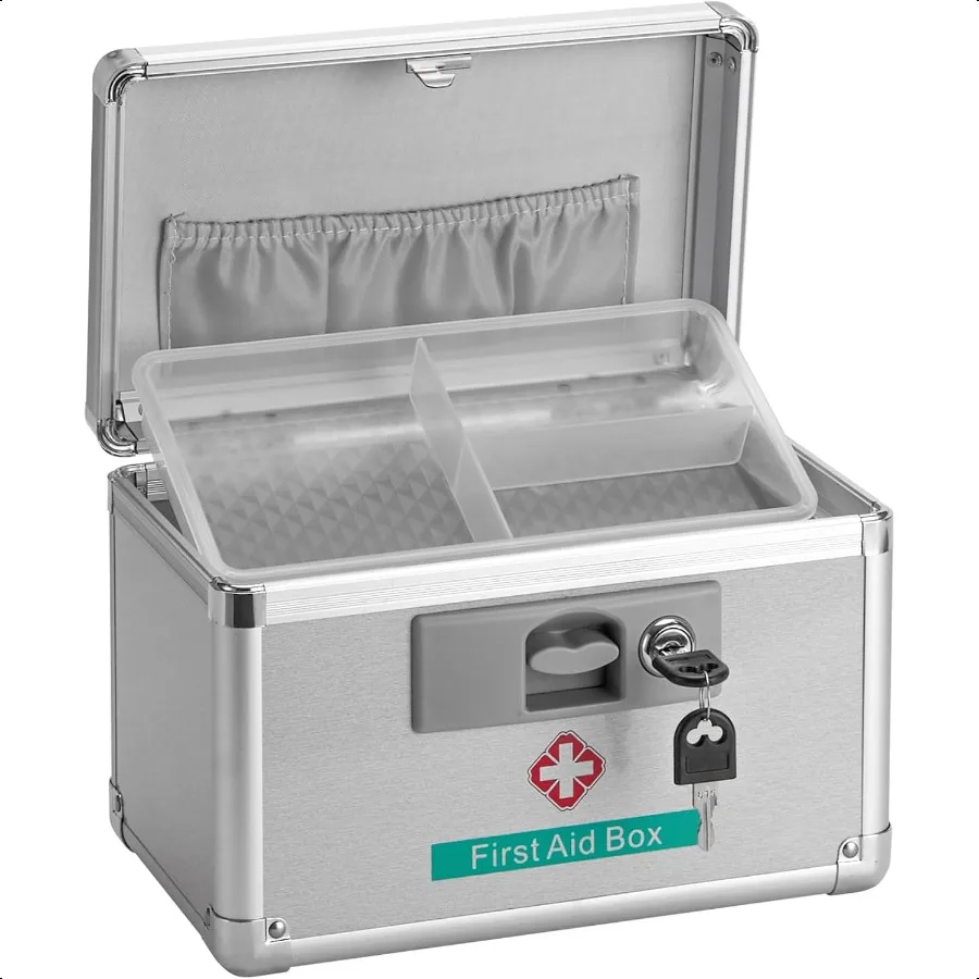 

Metal Medicine Storage Box with Key 10 x 6 x 6.7 First Aid Box Lock For Medication Smell Proof Box Empty Organizer for Home Dor