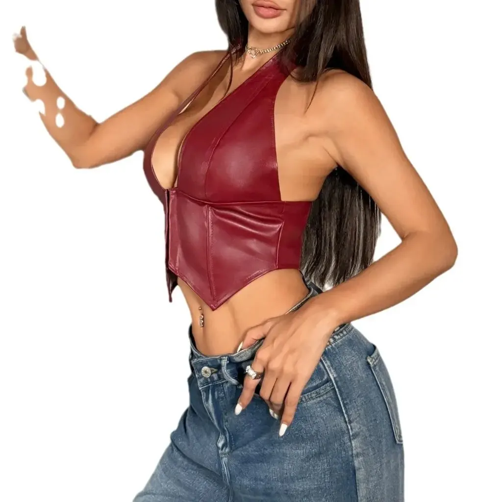 

Women's Sexy PU Leather Top with Hanging Neck Buckle And Diamond Design European And US Style A1592