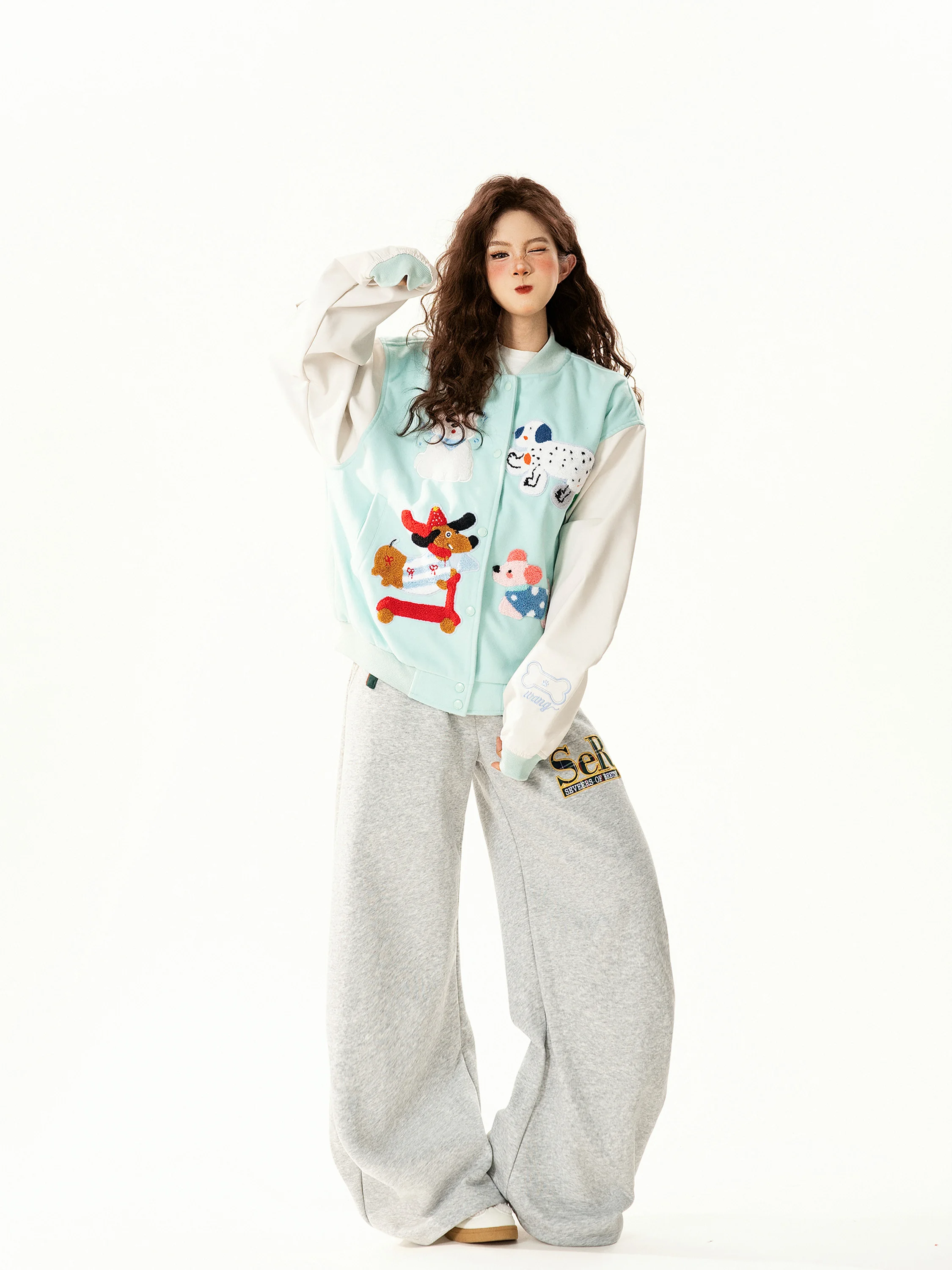 

Ретро-куртка с вышивкой в виде собачки, женская свободная повседневная универсальная куртка, модный весенний стиль для поездок на работу, с длинными рукавами