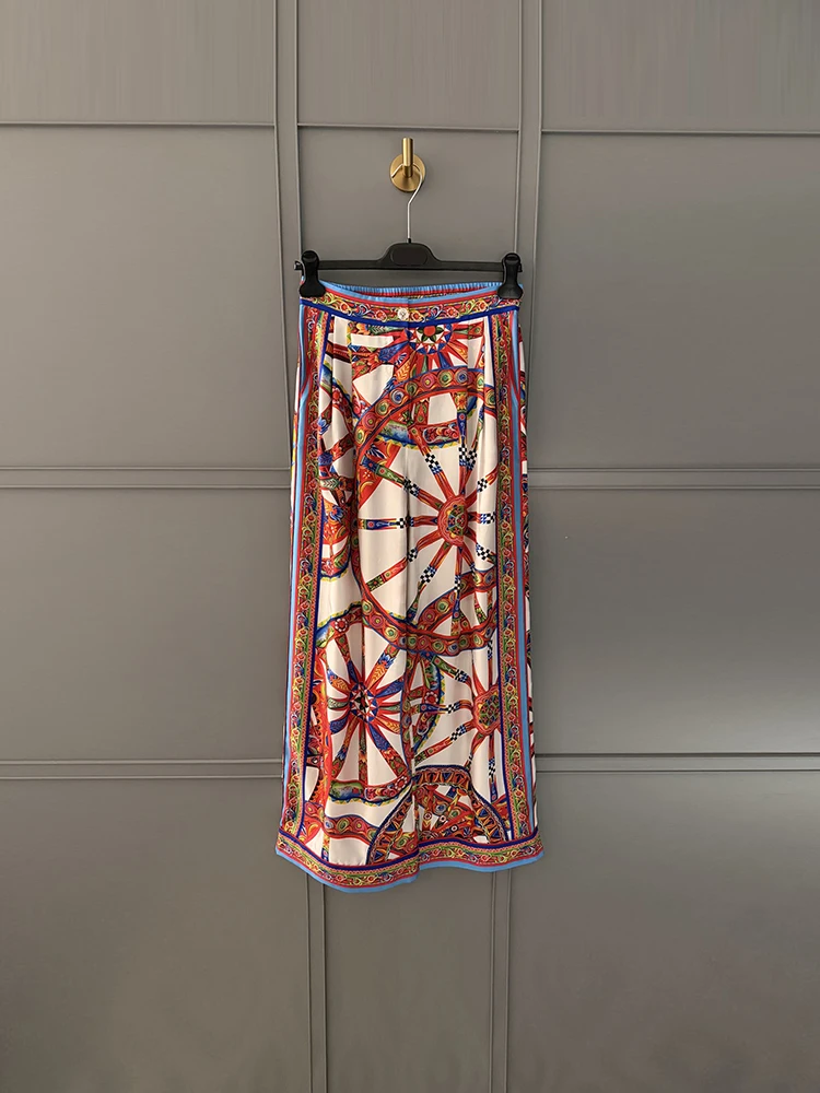 Spring Summer Fashion Daily Casual Vintage Pattern Print Silk Wide Leg Pants Women's Elastic Waist Pocket Loose Trousers