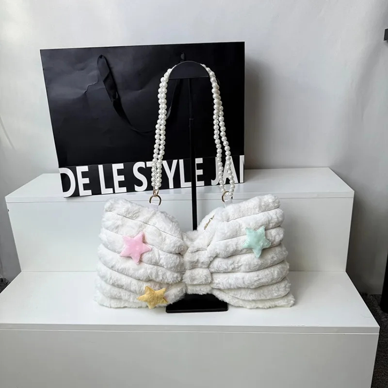 Flannel Bow Shape Beaded Shoulder Strap Leopard Shoulder Bags Funny Design Sense Christmas Gift Women's Handbags 2025 Winter New