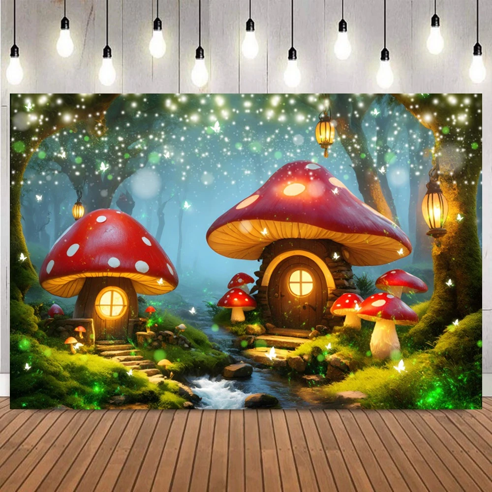 Enchanted Mushroom Forest Backdrop Mushroom House Fireflies Butterfly Baby Shower Birthday Party Home Decor Photo Background