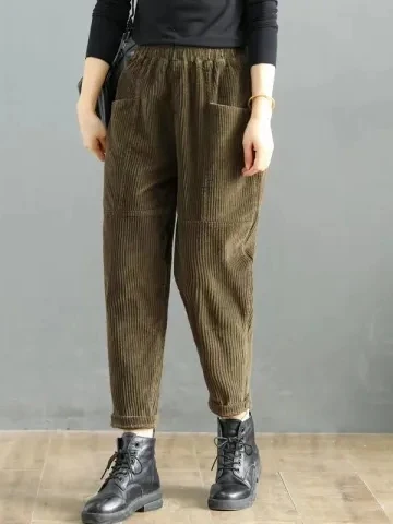 

Женские вельветовые брюки с высокой талией, свободные, стройнящие, в стиле Харлан, укороченные (длиной 7/8), осенне-зимние, прямые брюки