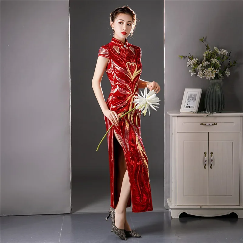 

Винтажное велюровое платье Cheongsam с блестками, сексуальное китайское свадебное платье с коротким рукавом Qipao, женское платье-футляр размера плюс 6XL, Vestidos