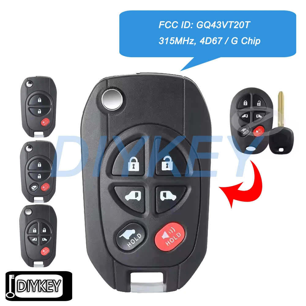 Modified Flip Remote Car Key Fob 315MHz 4D67 / G Chip for Toyota Sienna Highlander Sequoia Tacoma Tundra FCC ID: GQ43VT20T