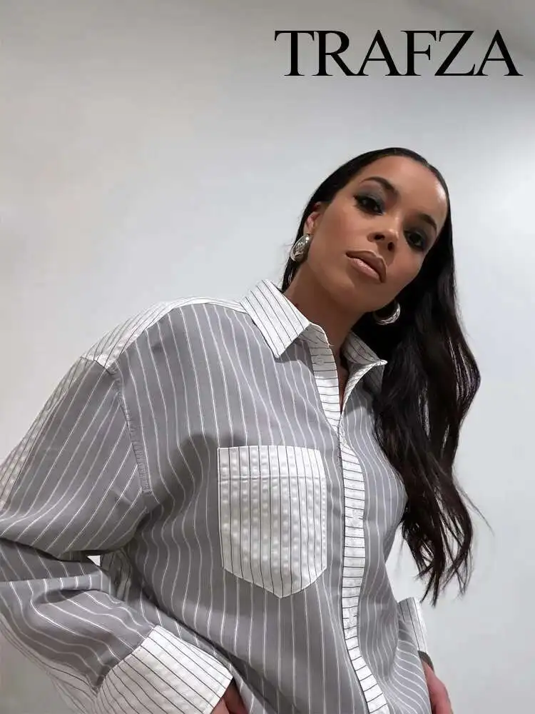 

Babyoung 2025 Spring Women's Causal Stripes Shirts Long Sleeve Elegant Loose Pocket Patchwork Lapel Commuter Vintage Blouse Tops