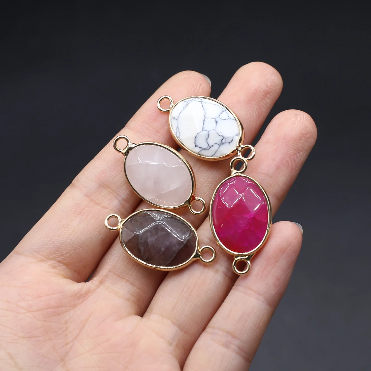 Natural Semiprecious Stone Random Color Oval Gold Edge Connector Pendant 14x26mm Jewelry Making DIY Necklace Earrings Accessorie