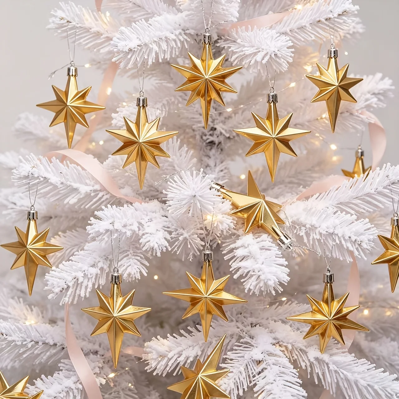 10pcs Pack 10pcs Golden Octagonal Star Ornaments - Shiny Suitable for Christmas Tree Decorations, Wall-Mountable Plastic