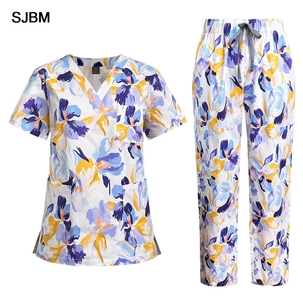 

Set Unisex Hospital ICU Caregiver Nurse UniformPure Cotton Cartoon Print Handwashing Gown