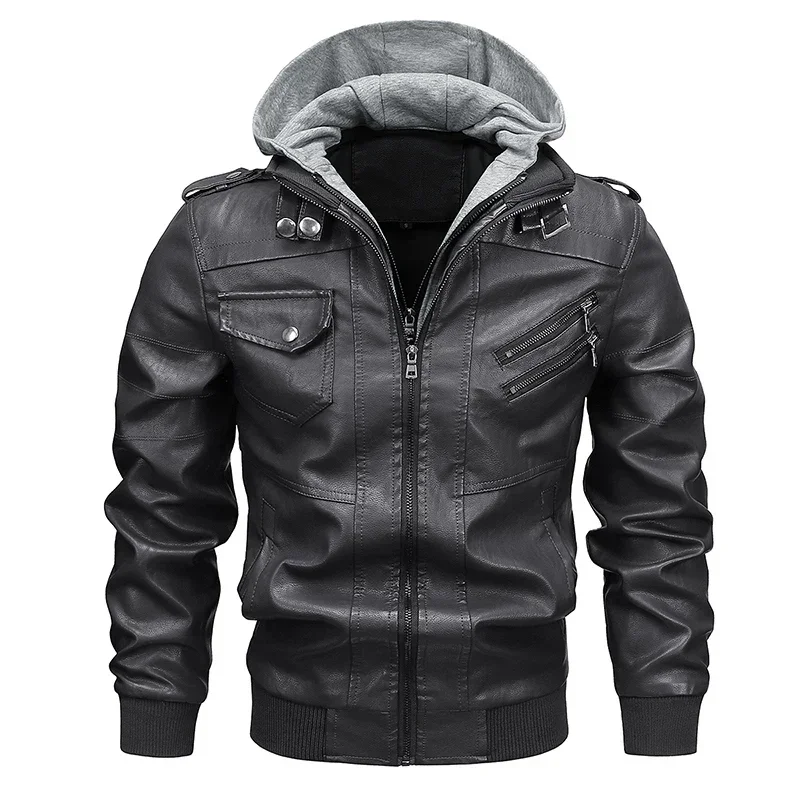

New Spring Autumn Men's Fashion Hooded Coat Men PU Leather Jackets Casual Motorcycle Biker Leather Turtletneck Zipper Coats