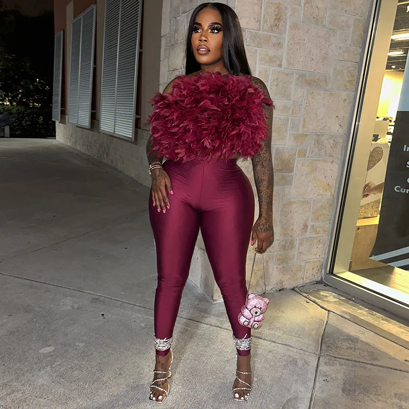 

Doyerl Night Club Party Birthday Outfits for Woman 2 Piece Set Y2K Feathers Strapless Crop Top and Pencil Pants Matching Sets