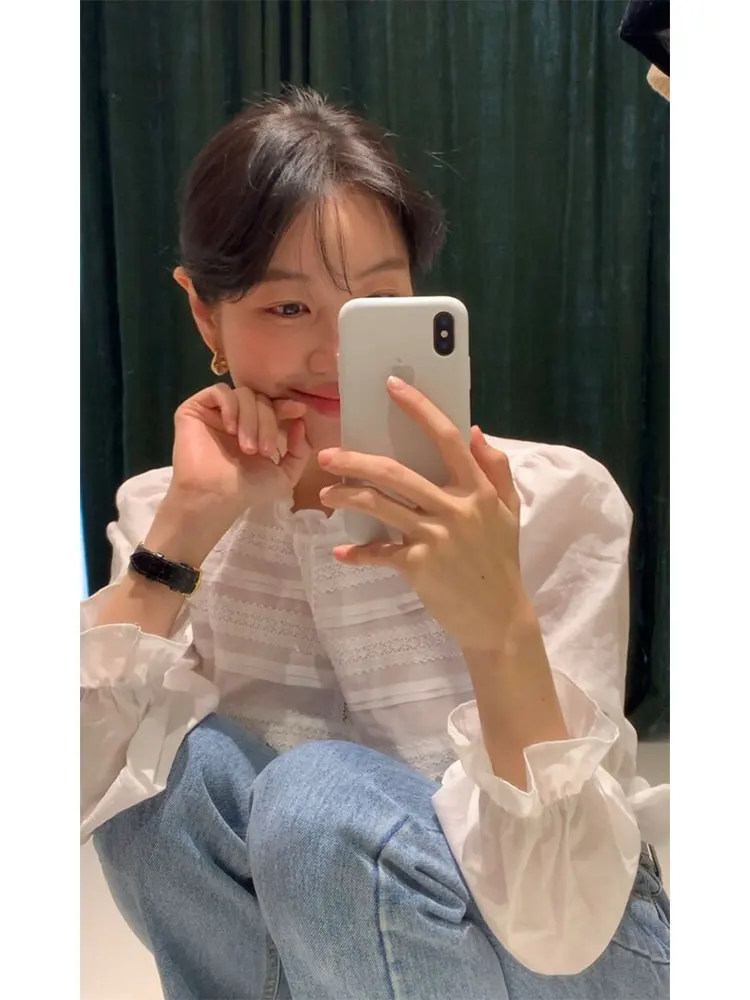 

Retro Ele Long Sve Ruffle Collar Bubble Sve Inner Wear Layered irt Women's Top Faionable Versatile Korean Sle