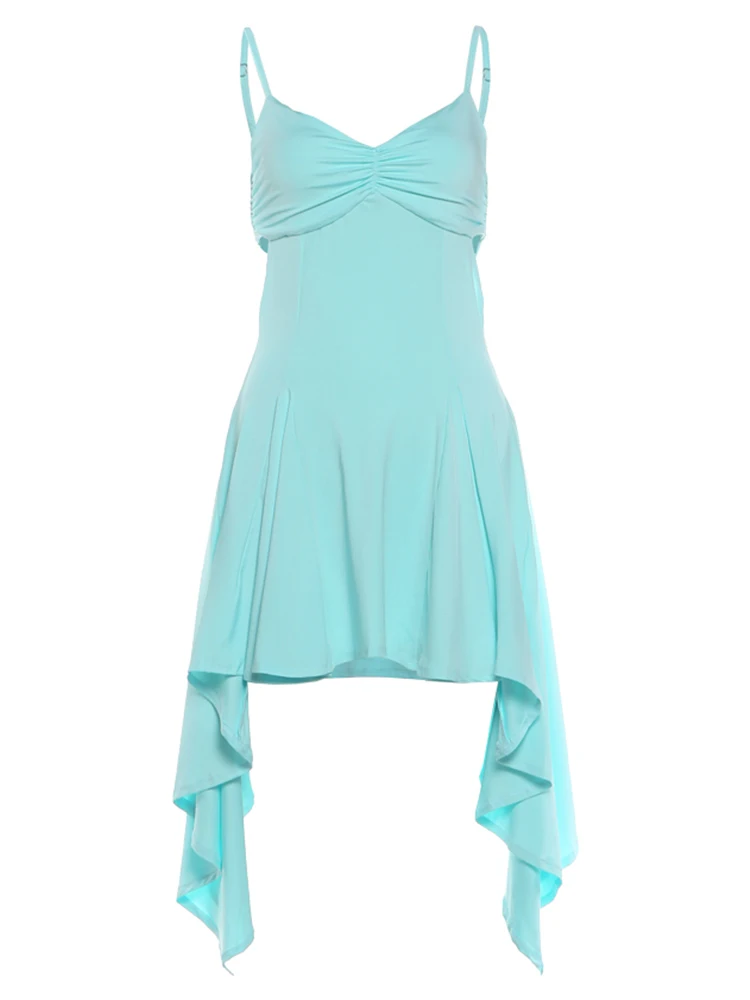 Weird Puss Bandage Rückenfreies Kleid für Damen, tief ausgeschnittenes, ärmelloses, unregelmäßig gerafftes Saum, figurbetont, einfarbig, Sommermode, klassisches Bodycon-Kleid – Detail 2