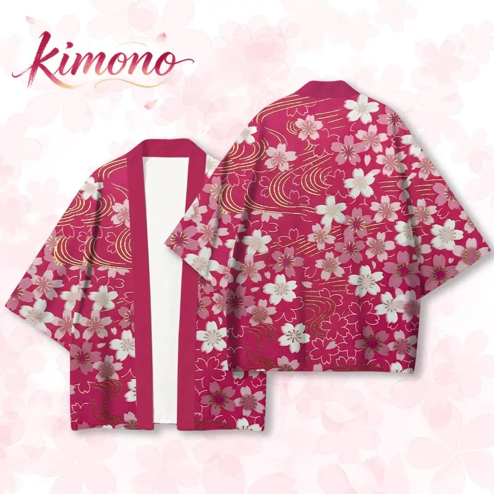 Japanese Traditional Cherry Blossom Print Kimono Cardigan Men Women Street Vintage Clothes Summer Loose Casual Breathable Yukata