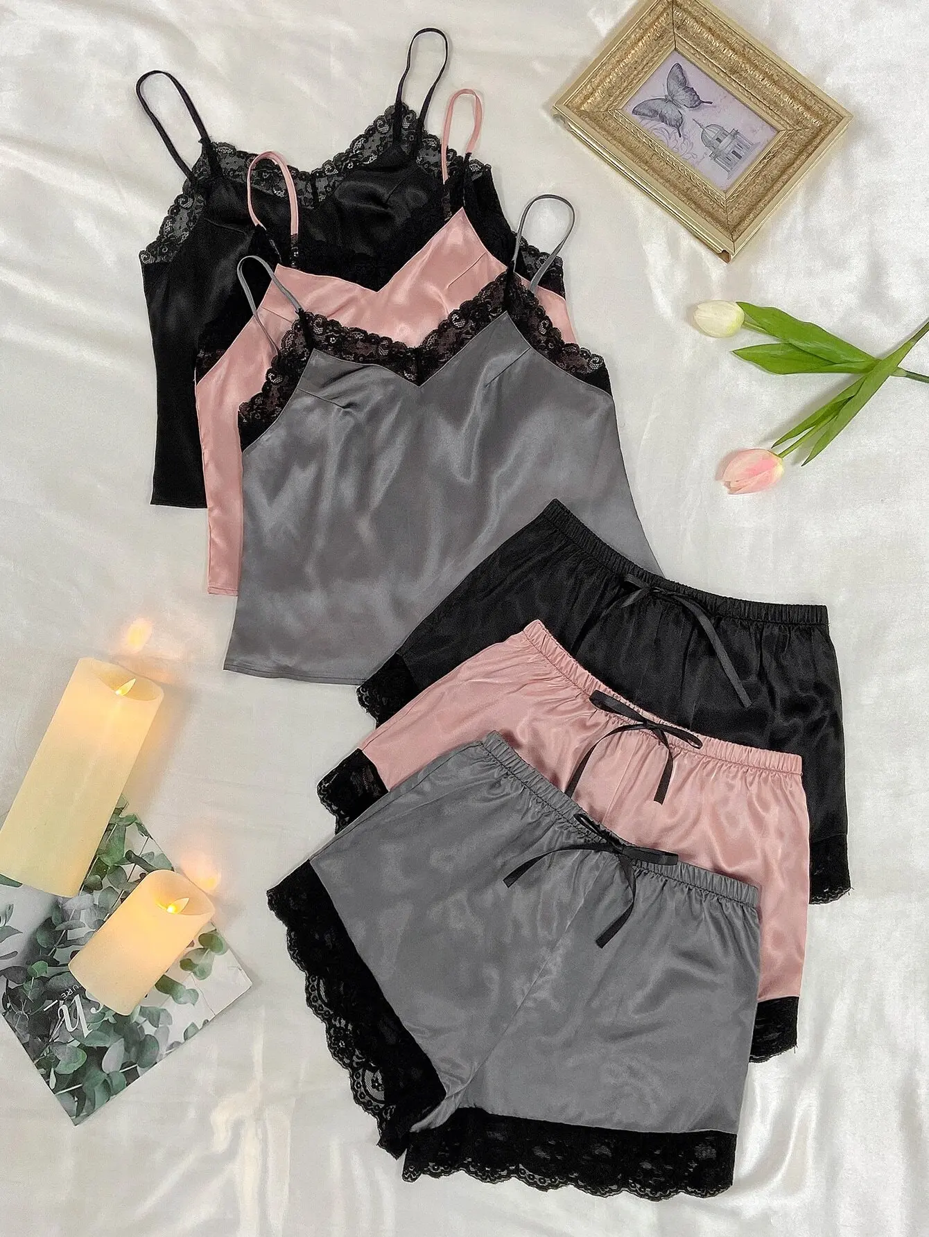 

3-Piece Lace-Trimmed Satin Camisole & Shorts Pajama Set for Women