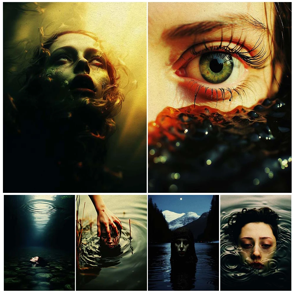 

Drowning Girl Gothic Vintage Wall Art Canvas Painting Desperate River Girl Photography Dark Aesthetics Art Poster Print Decor