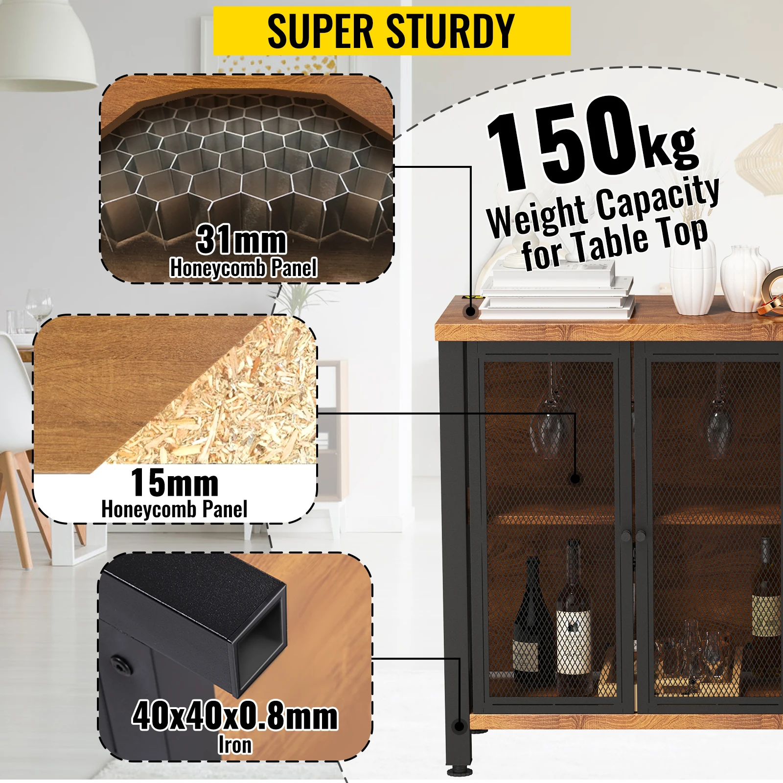 VEVOR Industrial Bar Cabinet Wine Bar Cabinet Table with Wine Rack & Glass Holder for Dining Living Room 47/55 Inch Rustic Oak