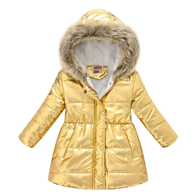 Children's Thickened Padded Coat Boys Hooded Hair Collar Cotton Jacket Girls Glossy Mid-Length Coat Winter New Warm Parkas 4-10Y