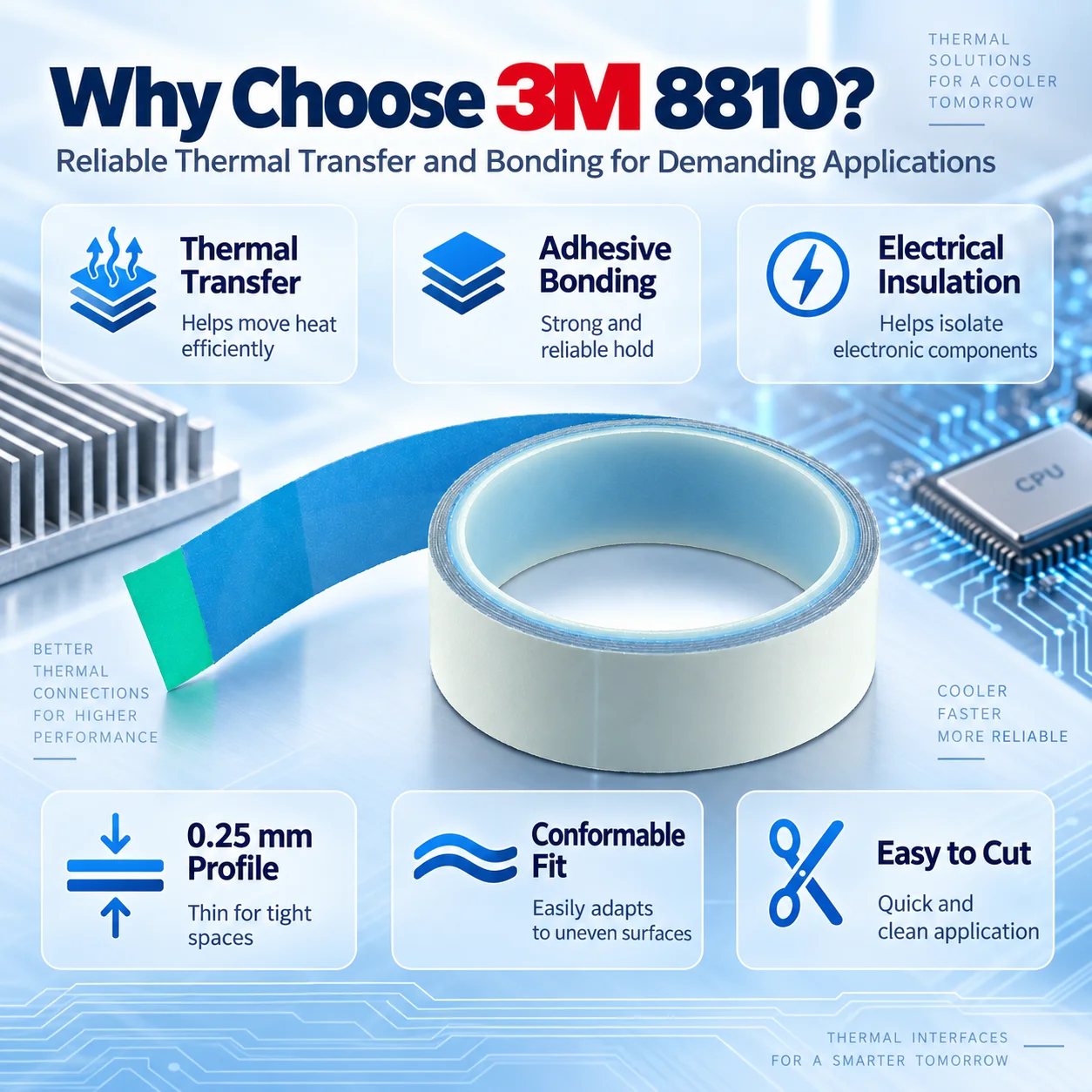 3M 8810 Thermal Conductive Adhesive Transfer Tape 0.6W/mK Heat Sink Bonding For LED PCB CPU Electronics 0.25mm 9-40mm x 1M