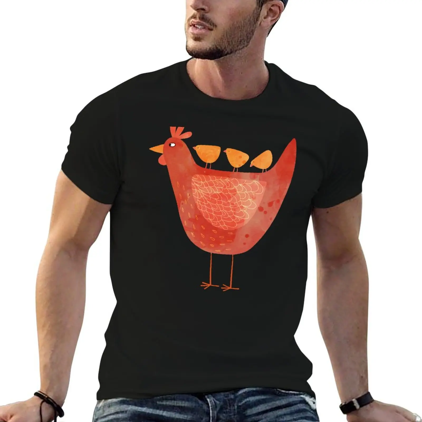 Hen and Chicks on Blue T-Shirt funny t shirts man t shirts for man pack cotton cotton tshirt 100% T-shirt