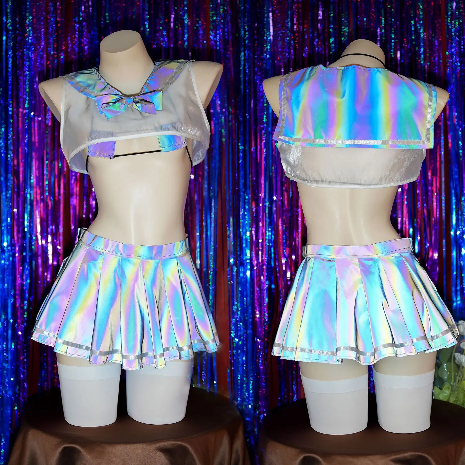 Transparent Night Glow Sailor JK Uniform Bikini Set Sexy Women Nightgown Spicy Girls Performance Suit Swimwear