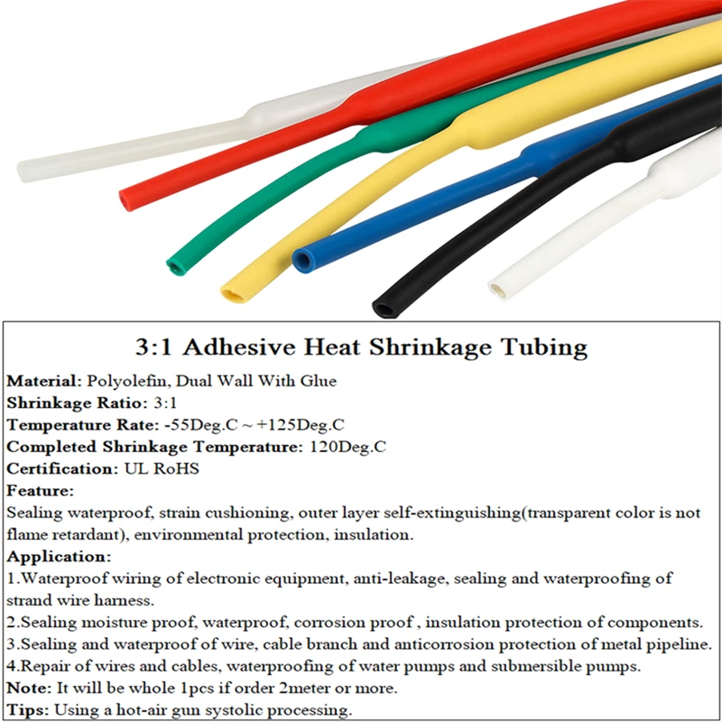 3:1 Heat Shrink Tube With Double Wall Glue Tube Diameter 1.6/2.4/3.2/4/4.8/6.4/7.9/9.5/12.7/15.4/19.1/25.4/30~65mm 3:1 Shrinkage