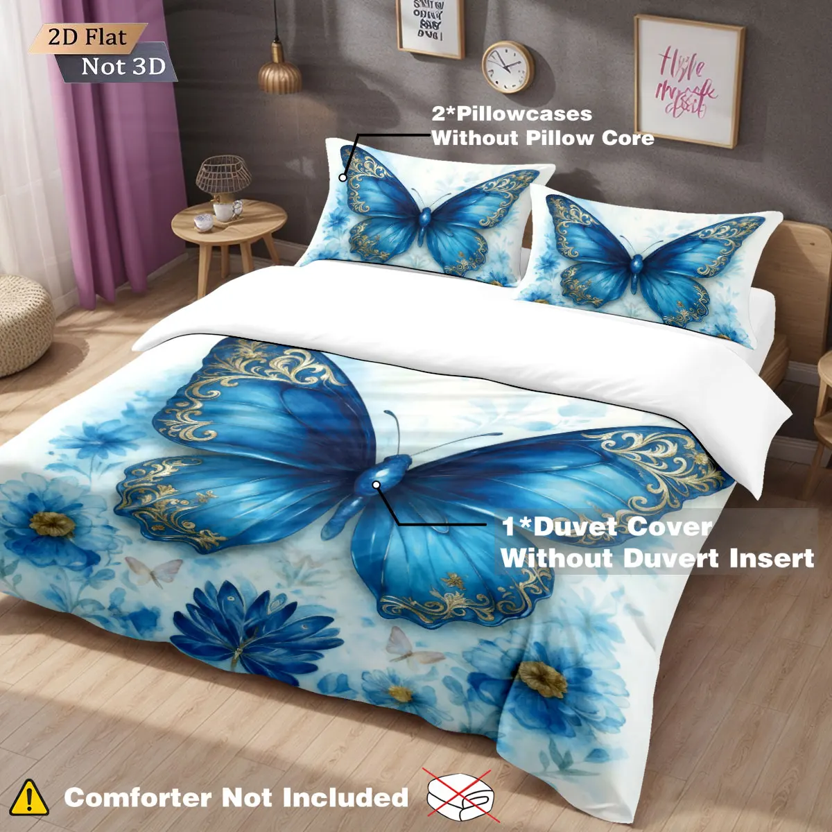 3-teiliges Bettwäscheset ohne Kern mit blauem Schmetterlingsdruck, bequeme Bettbezüge für Schlafzimmer und Schlafsaal in mehreren Größen, maschinenwaschbar