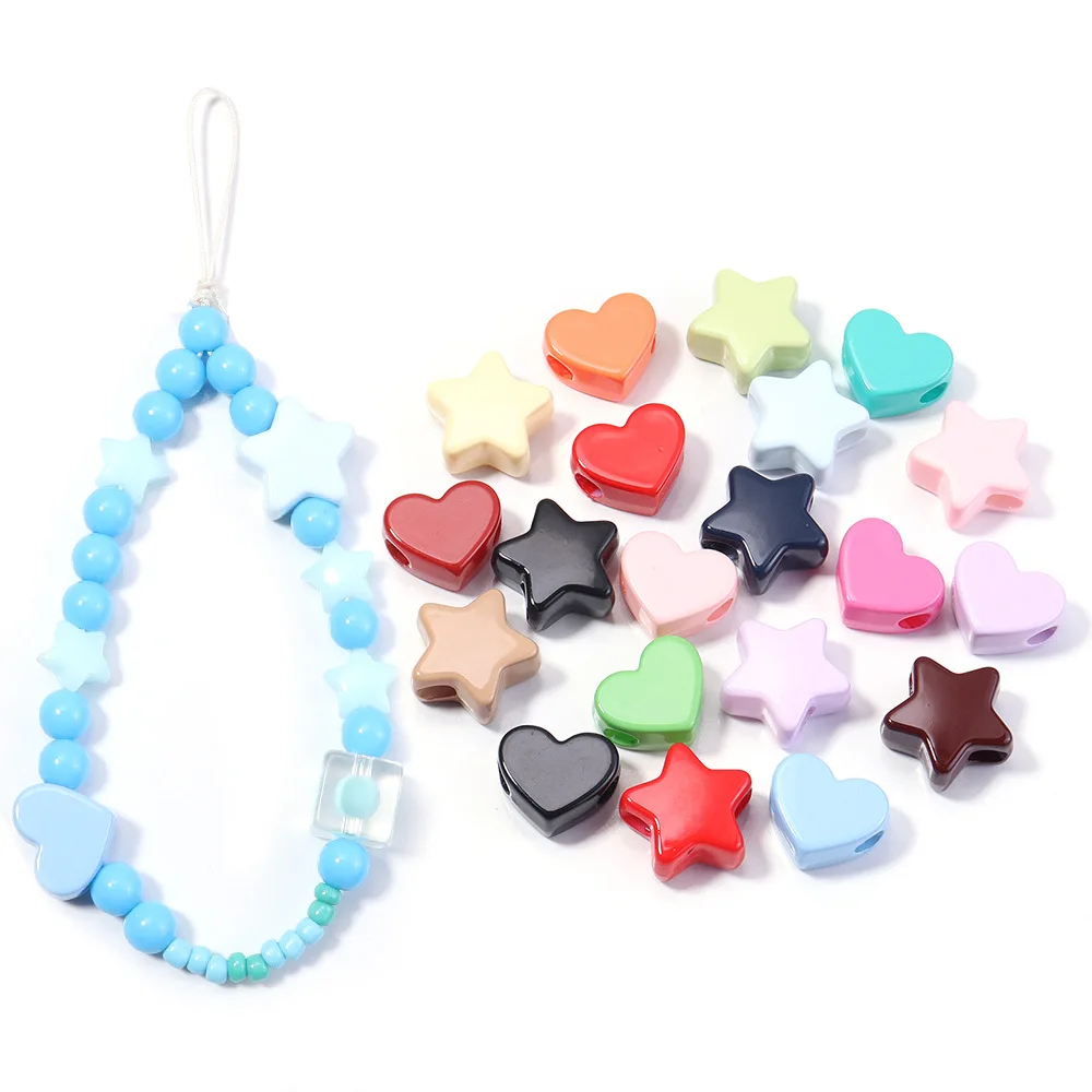 Trendy New Assorted Solid Colors Kawaii Love Heart Star Jewelry Plastic Beads Fit Kids Ornament Accessories DIY 100pcs 18*19mm