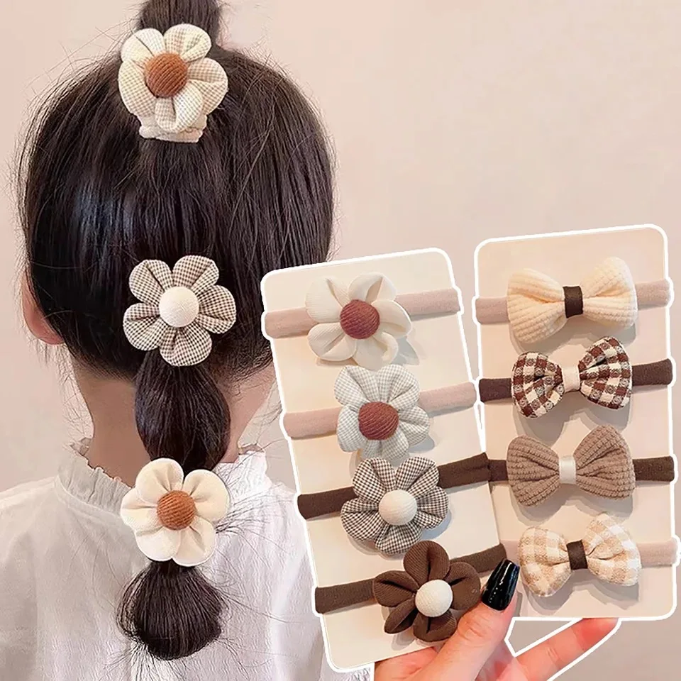 

4Pcs/Set Flower Girls Elastic Hair Bands Sweet Bow Hair Ties Children Ponytail Holder Rubber Band Headband Kids Hair Accessories