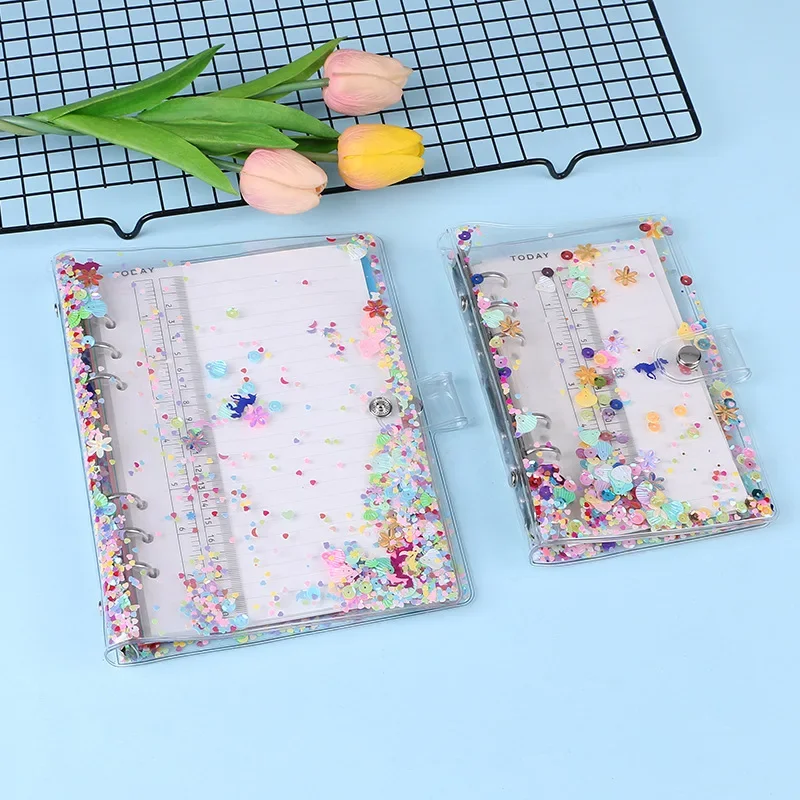 A5 A6 Transparent Notebook Cover Glitter Sequins 6 Rings Loose Leaf Binder Notebpad Kawaii Diary Journal Planner Office Supplies