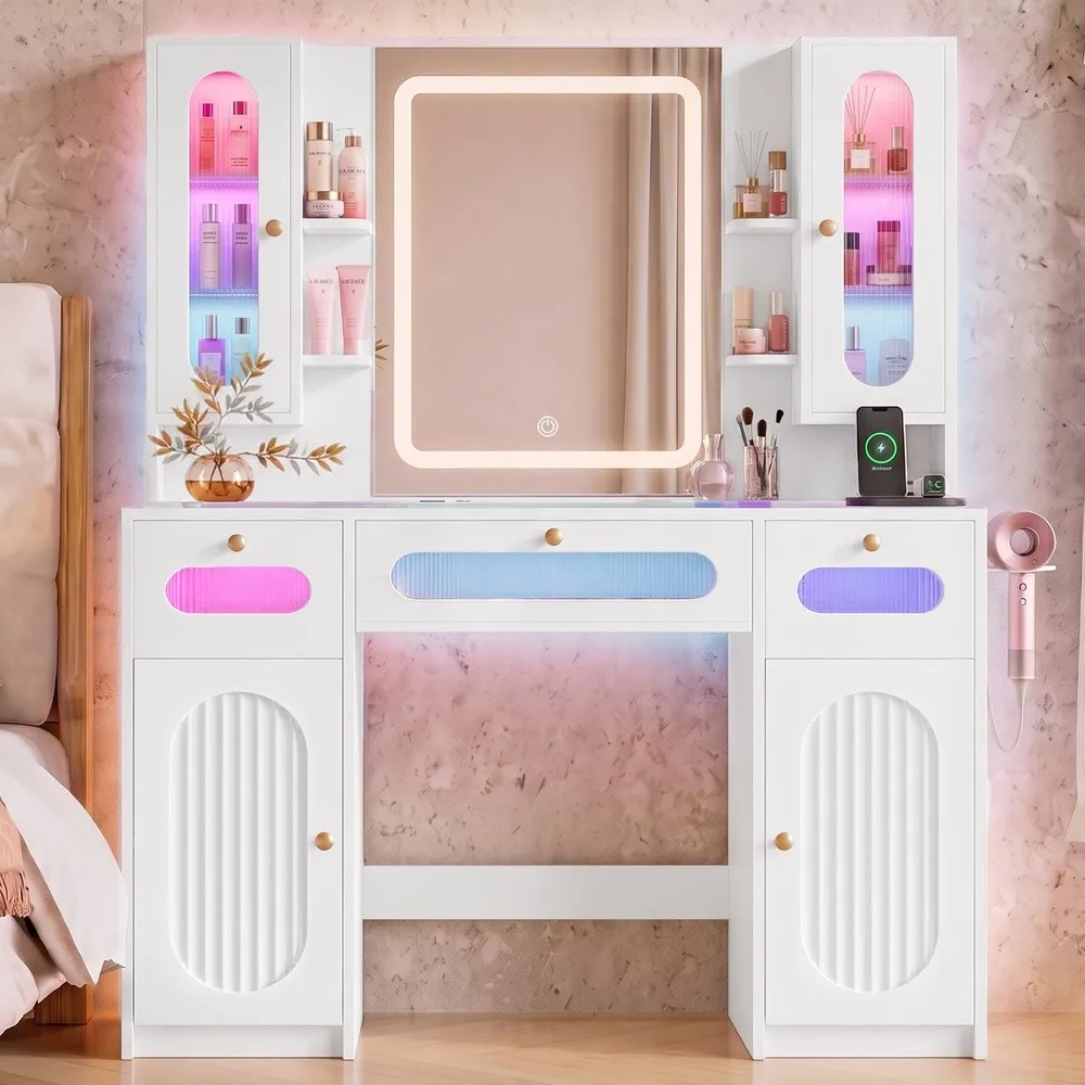 43" Fluted Makeup Vanity Desk with Mirror and Lights for Bedroom