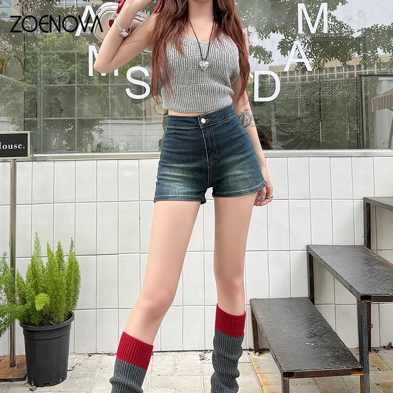 

ZOENOVA American Street Fashion Cool Girls High Waist Denim Shorts Summer Thin Retro Stretch Slim Sexy A-Line All Match Jeans