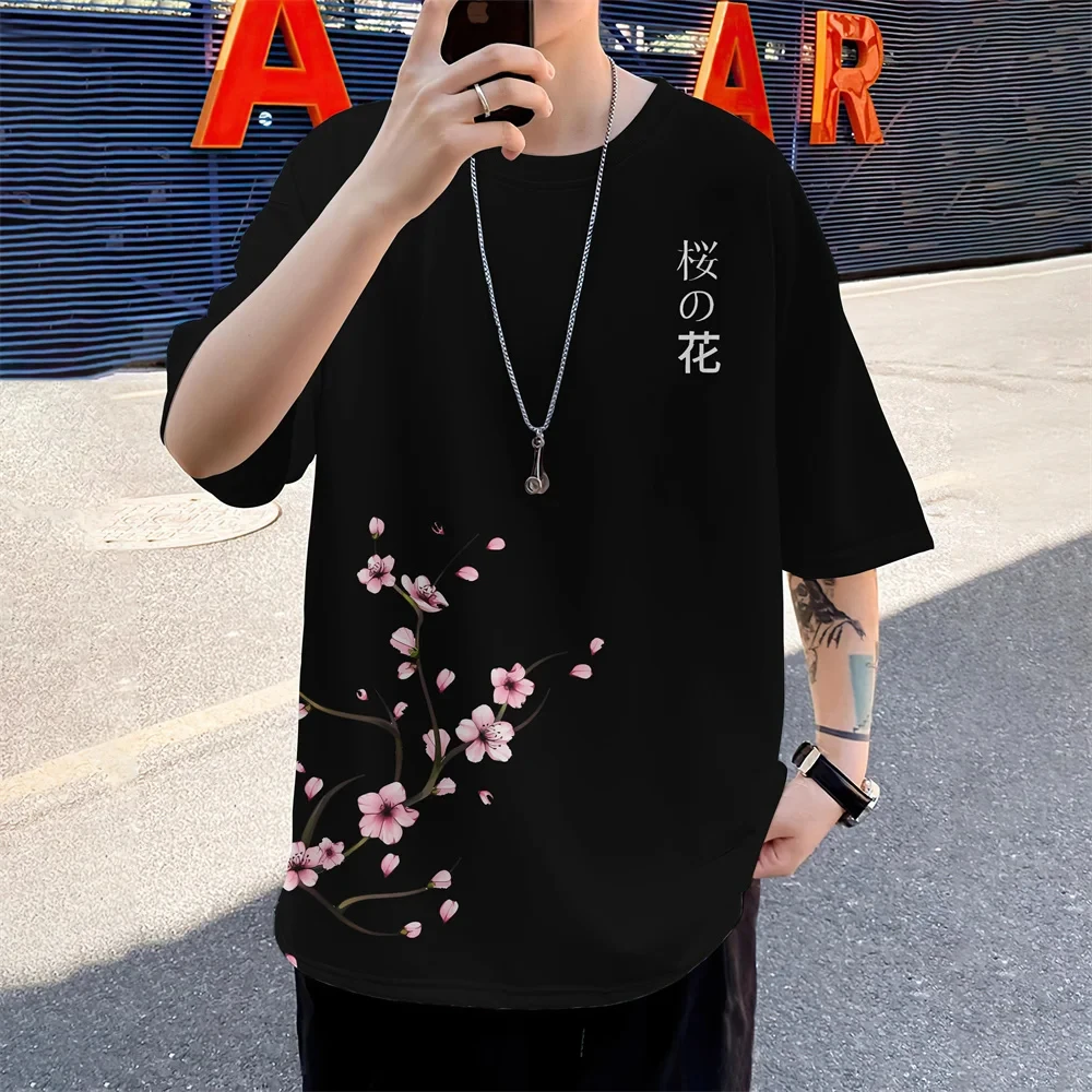 Summer New Men's T-shirt, 3D Printed Loose Cherry Blossom Pattern Casual Daily Oversized Men's Short Sleeved Minimalist Top