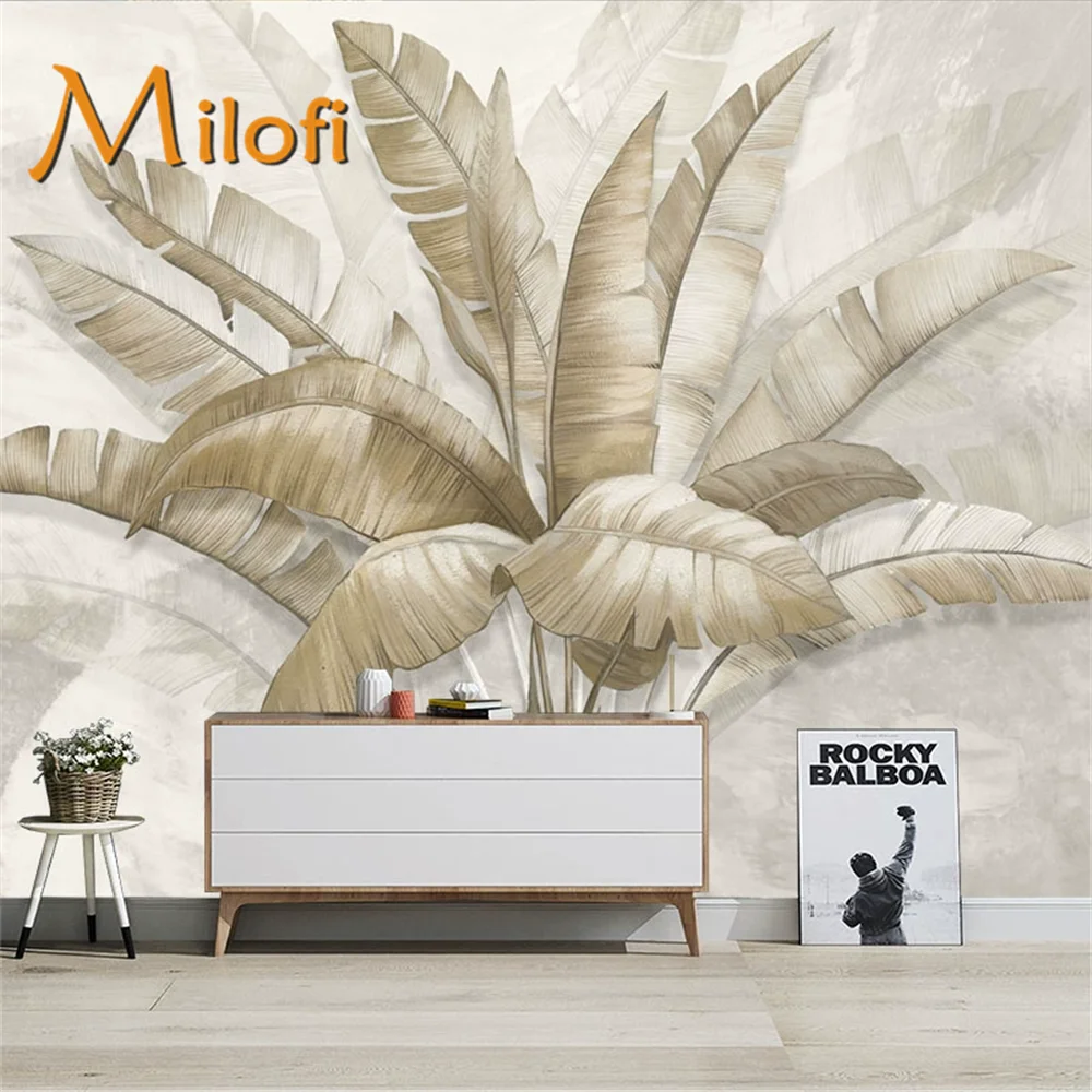 Milofi customizes Nordic hand-painted banana leaf wallpaper for living room background wallpaper decoration, mural for bedroom