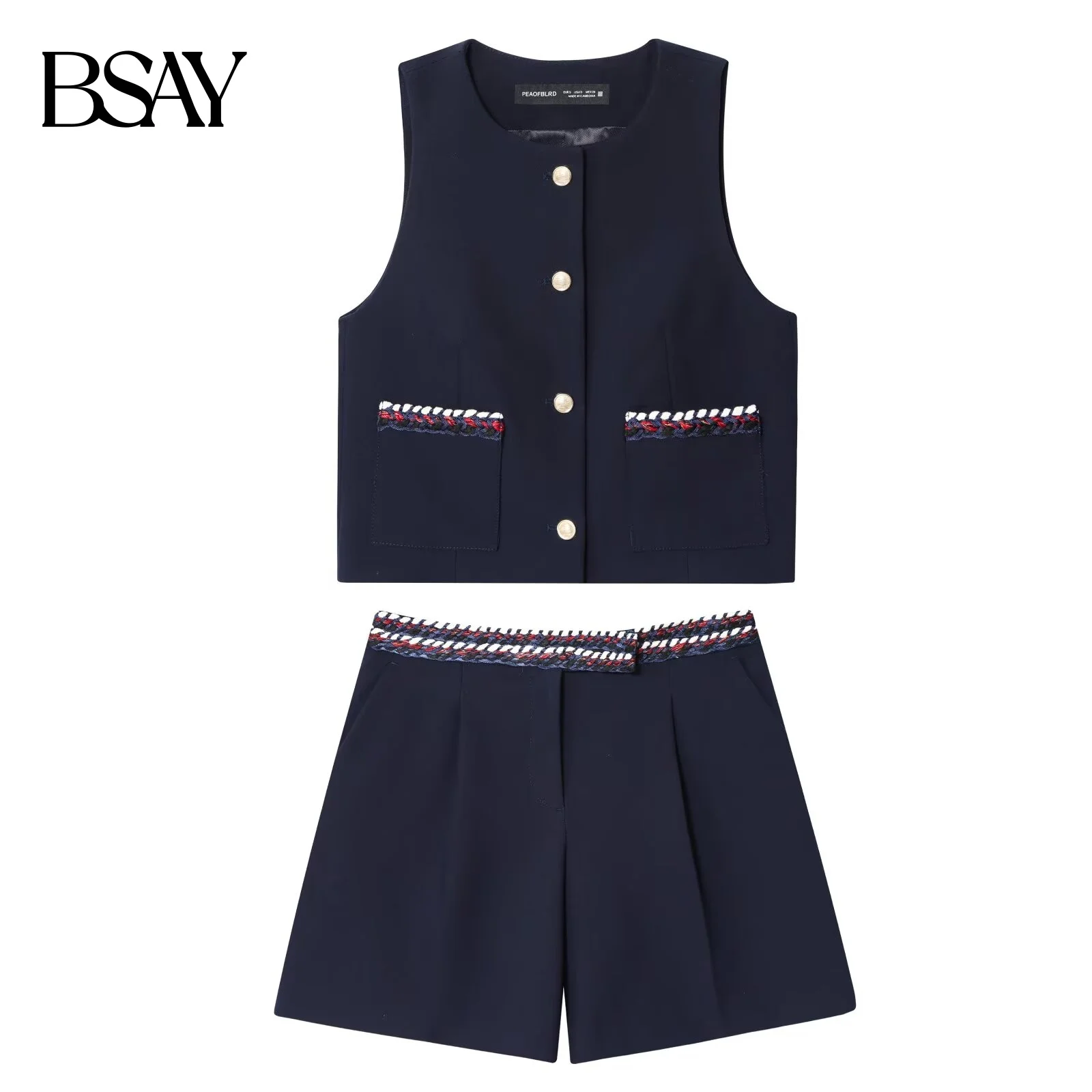 BSAY-Shorts-Set, zweiteilig, Sommer, neu, 2025, mit Rundhalsausschnitt, ärmellose Weste oder hoch taillierte A-Linien-Freizeithose mit Seitentasche