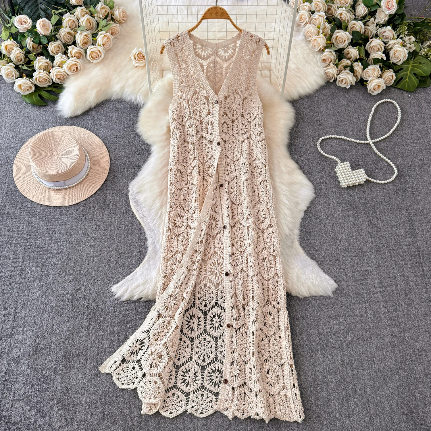 

Sunscreen Hook Flower Vintage Layered Jacket Hollowed Out Knitted A-line Long Cacket for Women's 2024 Summer New Sleeveless