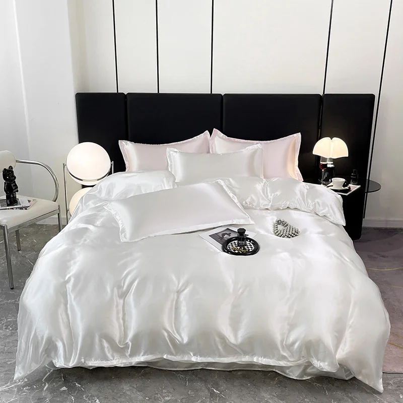 

White Bedding Set Silk Duvet Cover with Pillowcases Luxury Satin Comforter Covers Solid Color Double Single King Queen Twin Size
