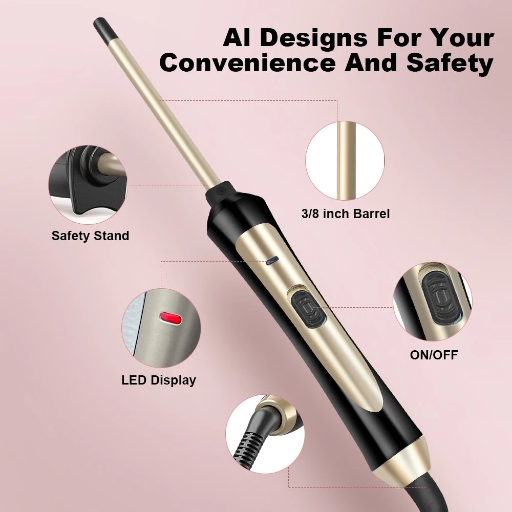 9 มม.ผม Curling Iron,ขนาดเล็ก Barrel Hair Curling Wand สําหรับผมสั้นและยาว, เซรามิค Wand Curling Iron ความร้อนทันที