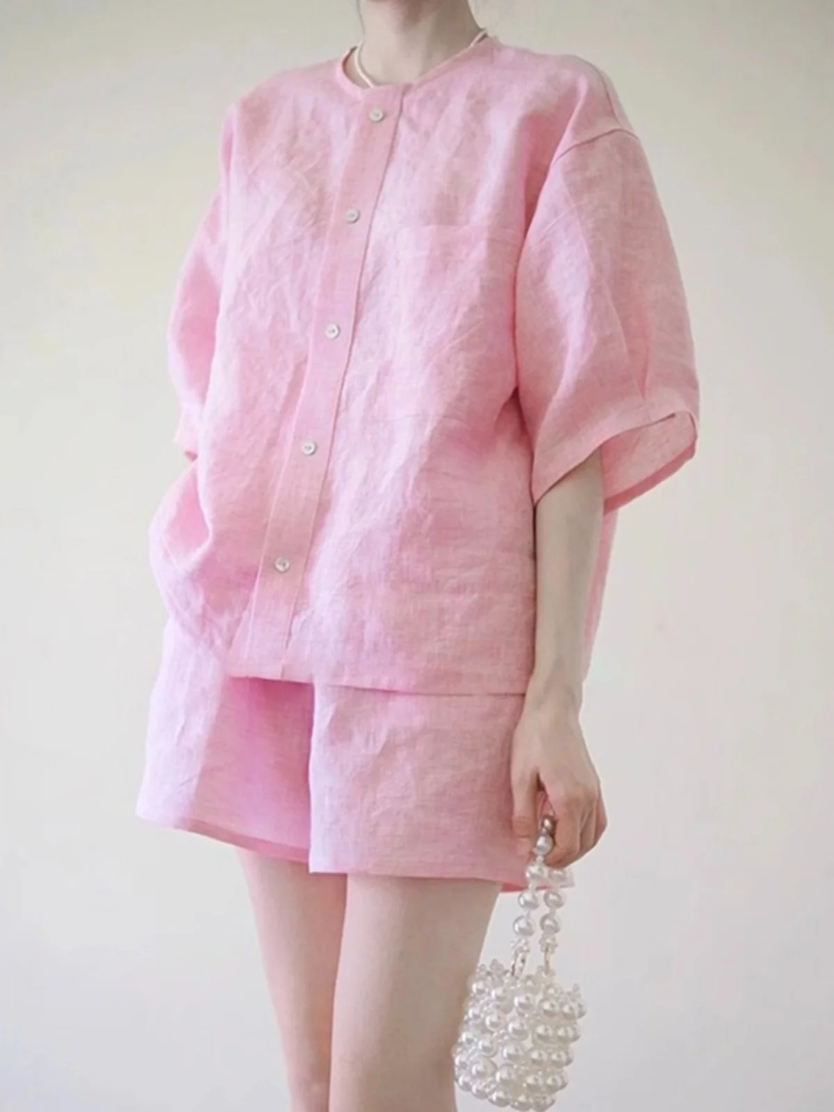 

Lightweight Cotton Linen ort Sve irt And ort Pants Two Piece Set Women's Summer Faion Outfit Pink Color Button down