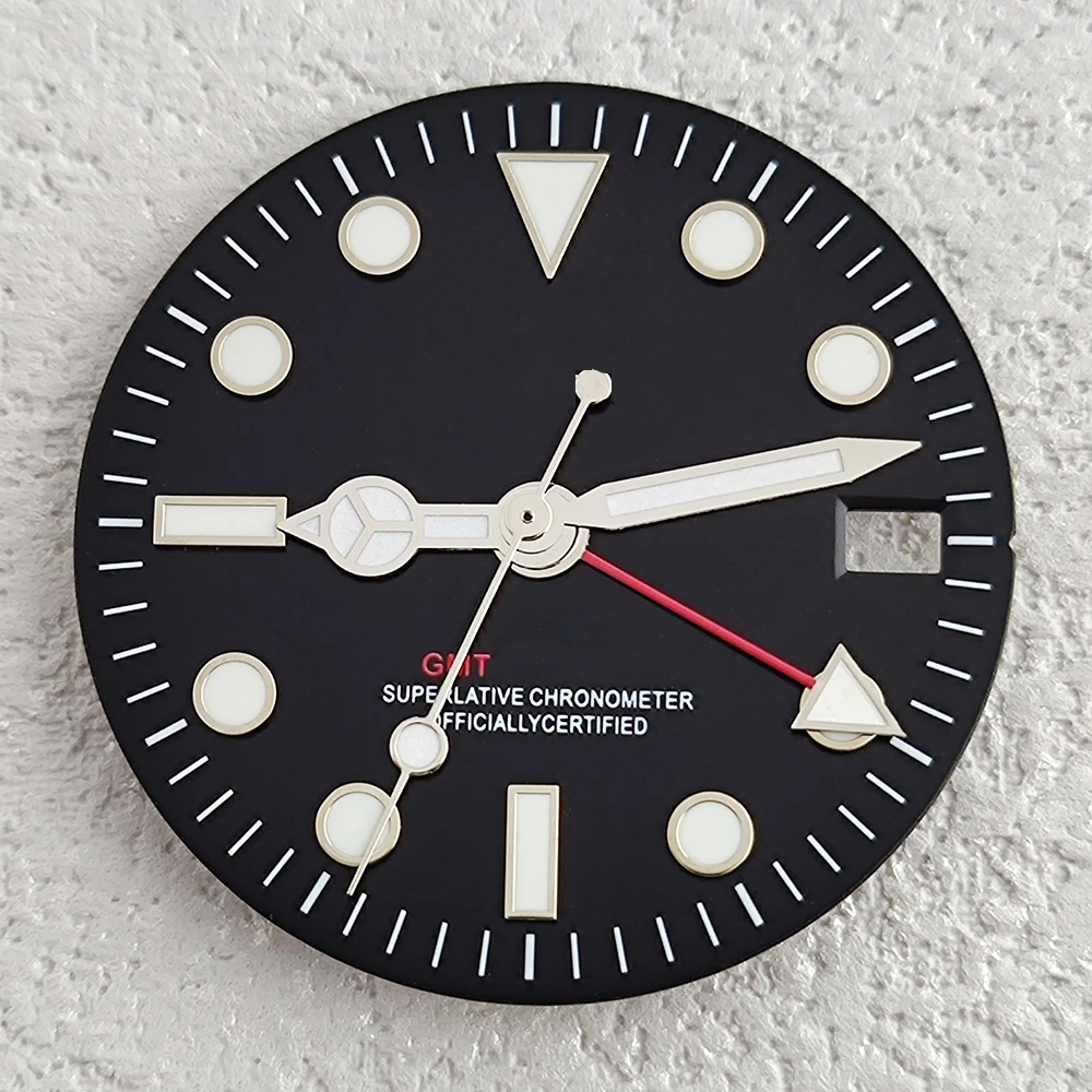 Mostrador GMT de 29 mm, mostrador luminoso verde de quatro ponteiros adequado para movimento NH34, mostrador melhorado, substituição de peças de relógio