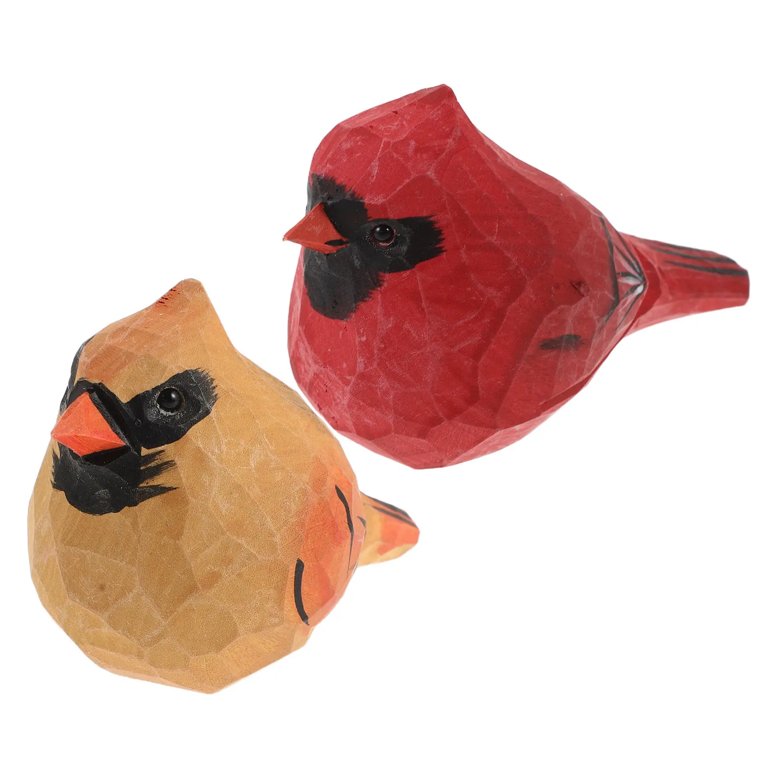 2Pcs Wood Carved Small Bird Ornament Handcrafted Cardinal Sculpture Home Office Shelf Decor Christmas Animal Art