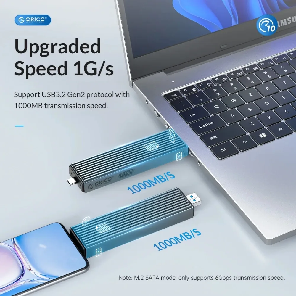 ORICO M.2 NVME SSD 케이스 외부 M.2하드 드라이브 케이스 Type-C 10Gbps 듀얼 프로토콜 NVME NGFF SATA 인클로저(노트북 및 전화용)
