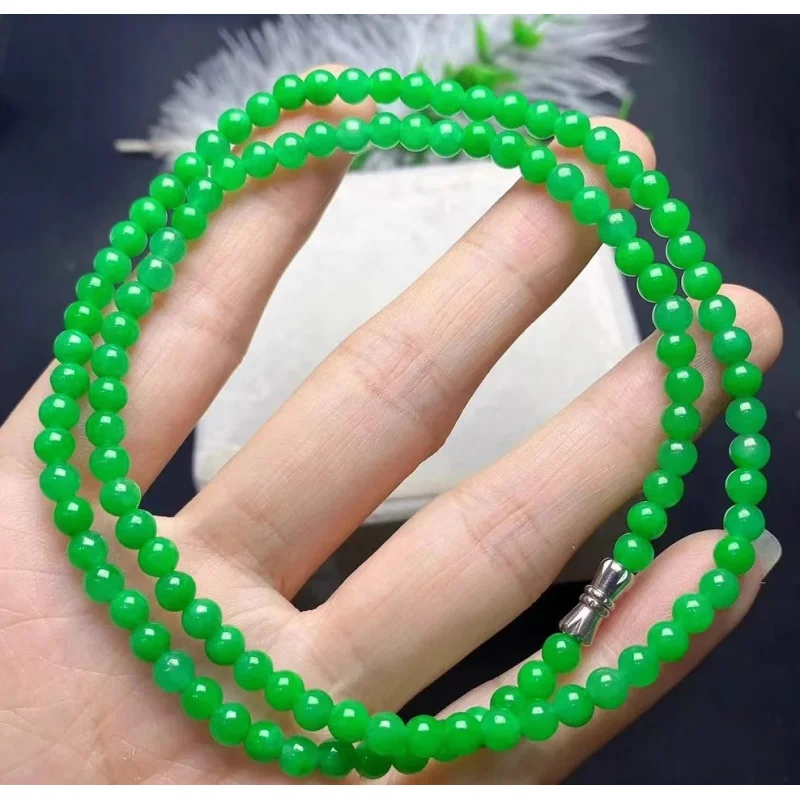 Myanmar Emperor Ice-like Jade Bracelet Bead Natural Pendant Green Necklace 4mm Small Rice-Shaped Beads Neck